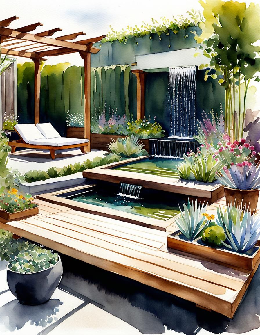 Zen Garden Watercolor Sketch in Boho Chic Style