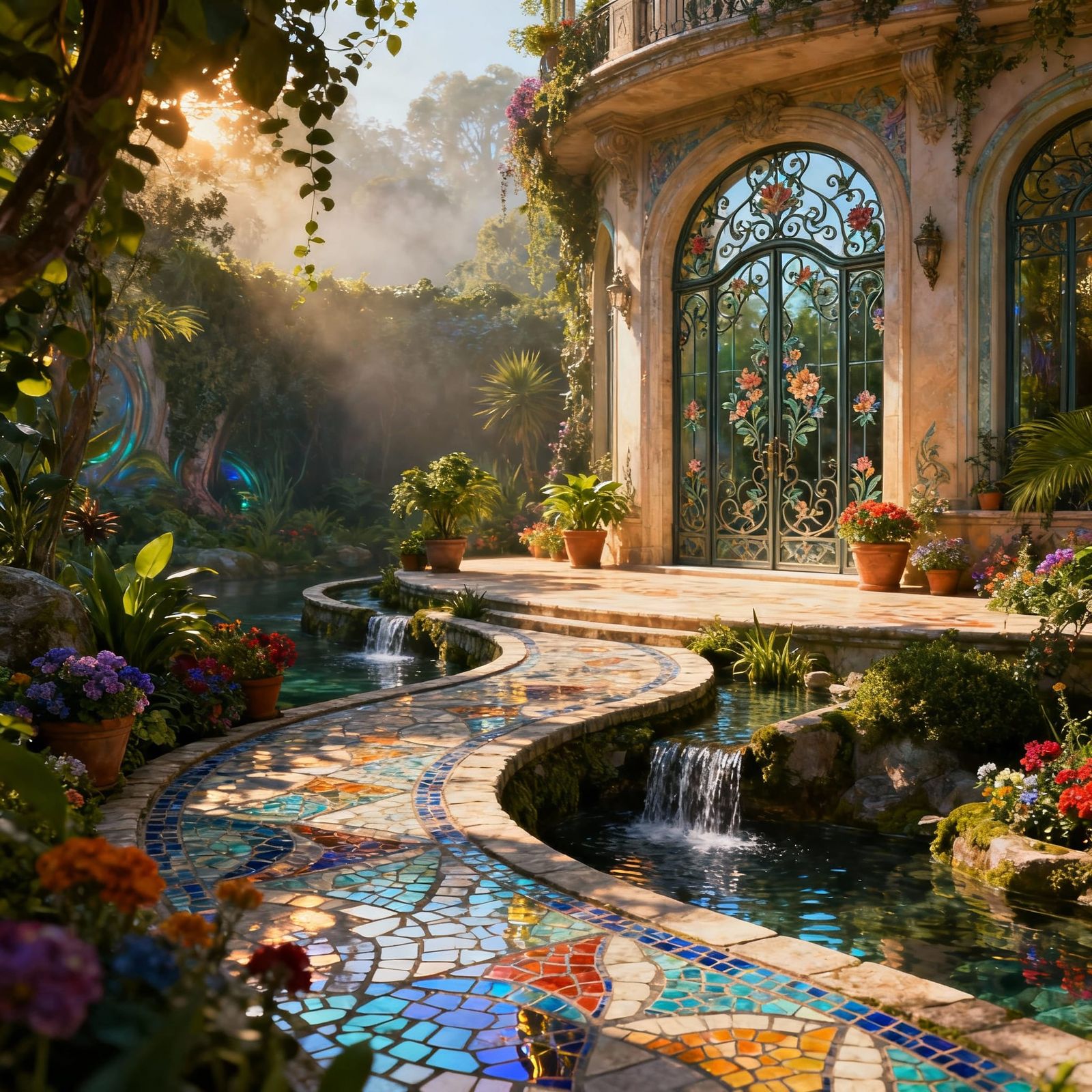 Secret Garden with Mosaic Flooring and Waterfalls