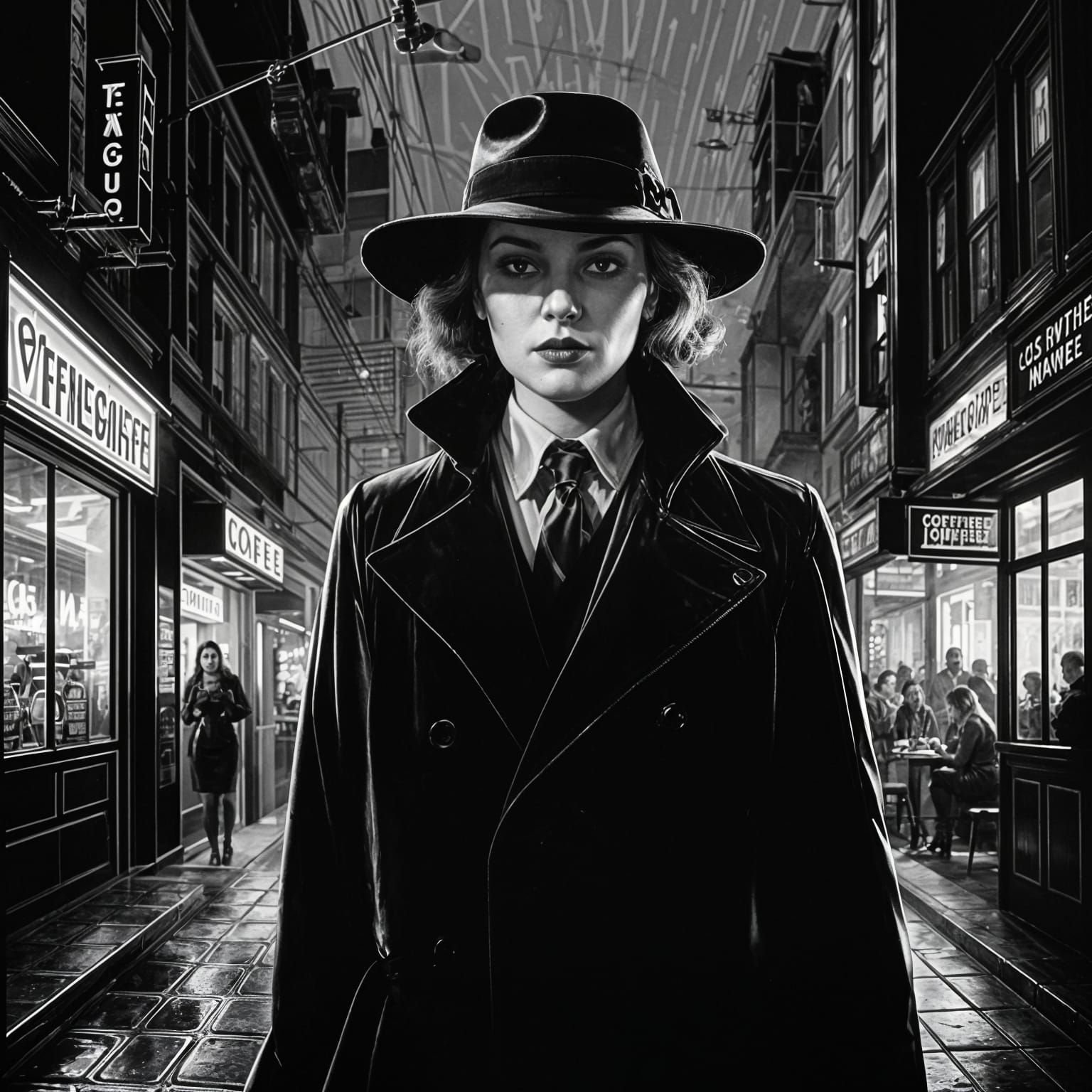 Film Noir Femme Fatale in a Seedy Black and White Coffee Sho...