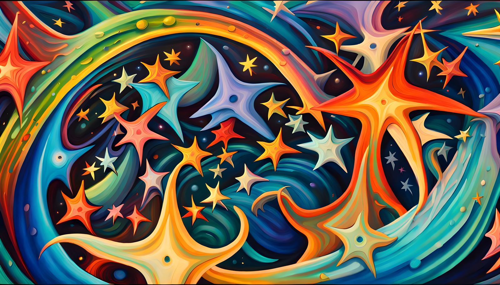 Iridescent Stars in Abstract Expressionist Oil Painting