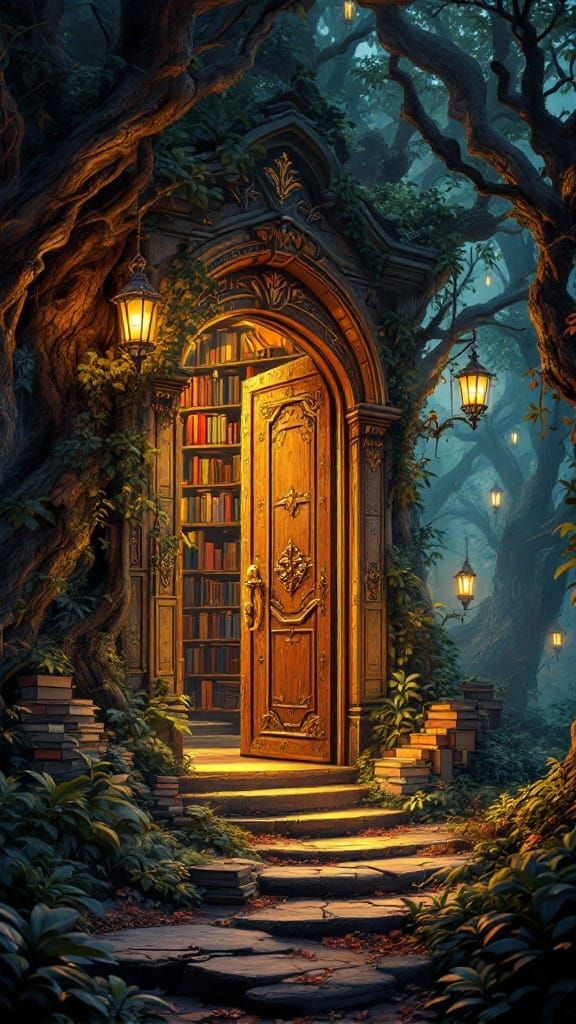 Mystical Forest Library Through Ornate Doorway