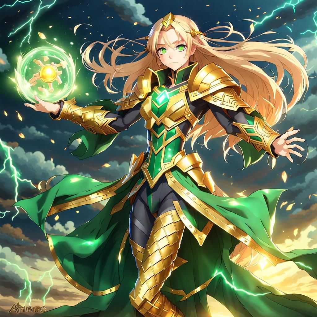 Anime Female Spellcaster in Gold Armor, 3D Art