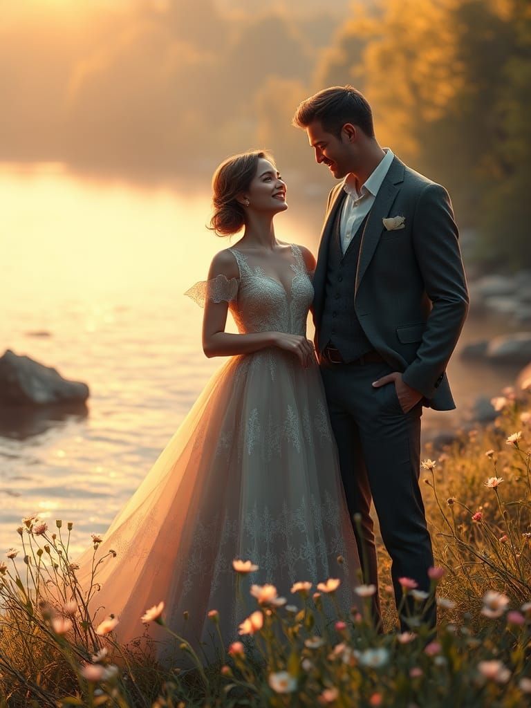 Charming Couple Conversing on a Serene Riverbank
