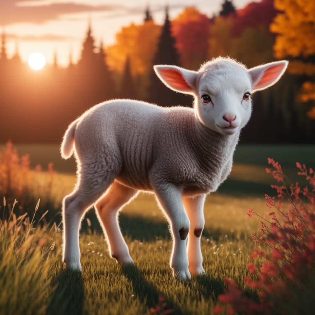 Lamb in Golden Meadow at Sunset