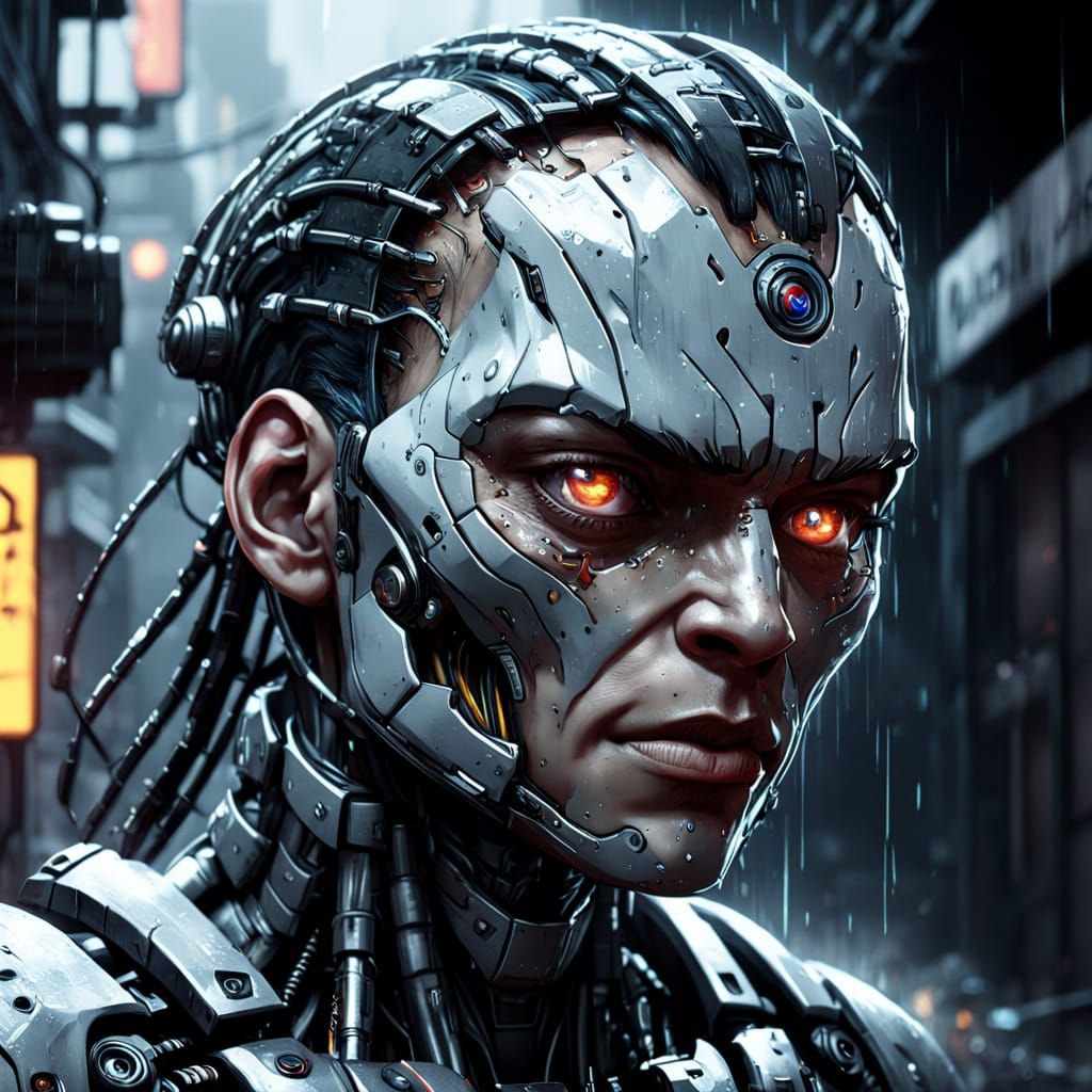 Melancholic Cyborg Weeping in Rainy Alley: Pencil Drawing