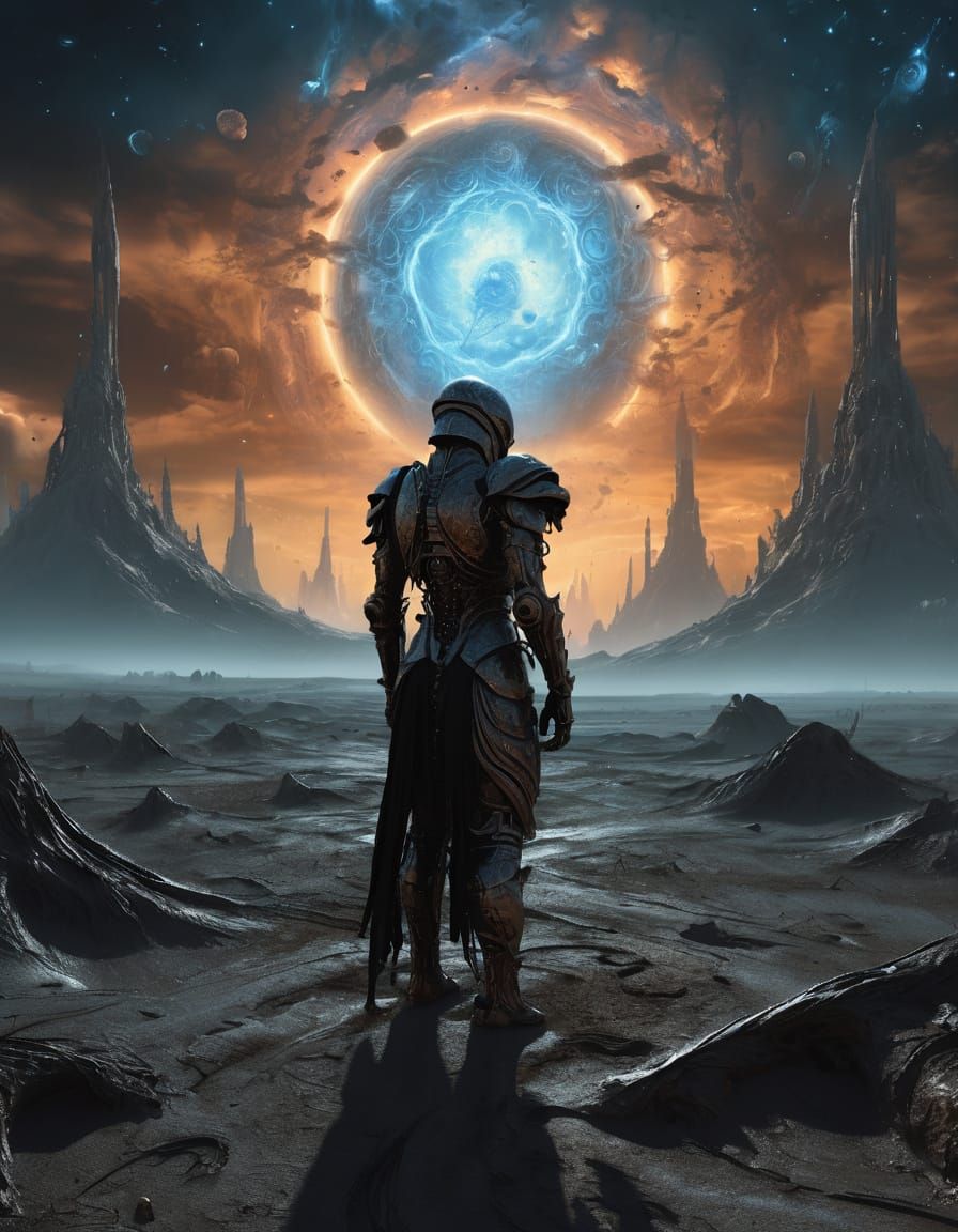 Knight Gazing at Cosmic Sky in Digital Art