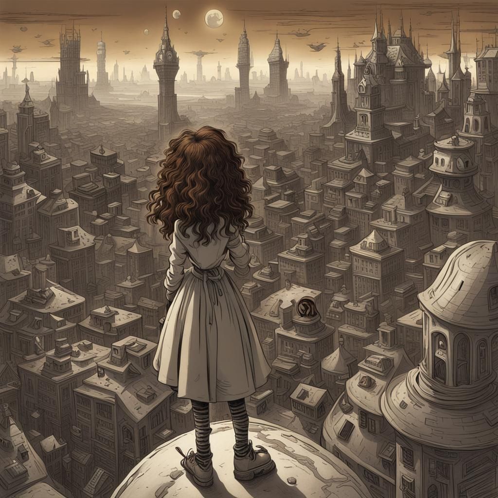 Brown-Haired Girl in Burton-esque Doré Cityscape