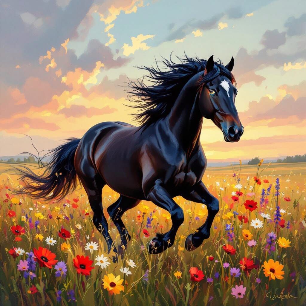 Oil painting. A majestic black horse with a multicolored eye...
