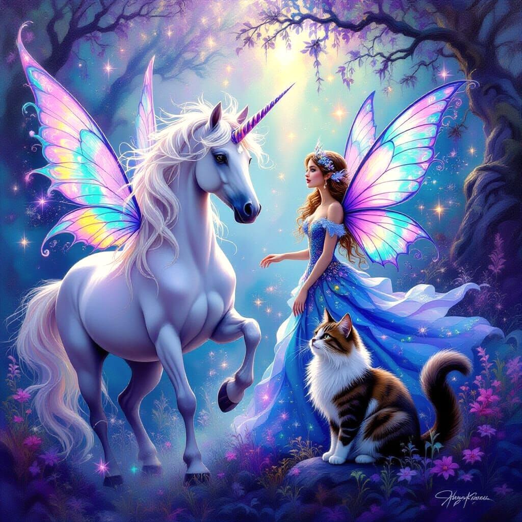 Enchanting Unicorn, Fairy, and Cat Painting in Vibrant Color...