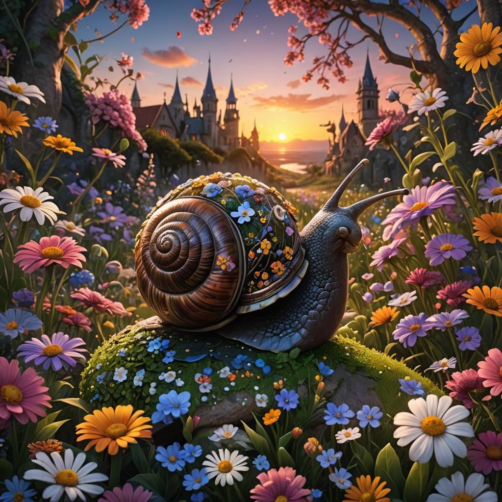 Floral Snail Sunset: Fantasy Concept Art