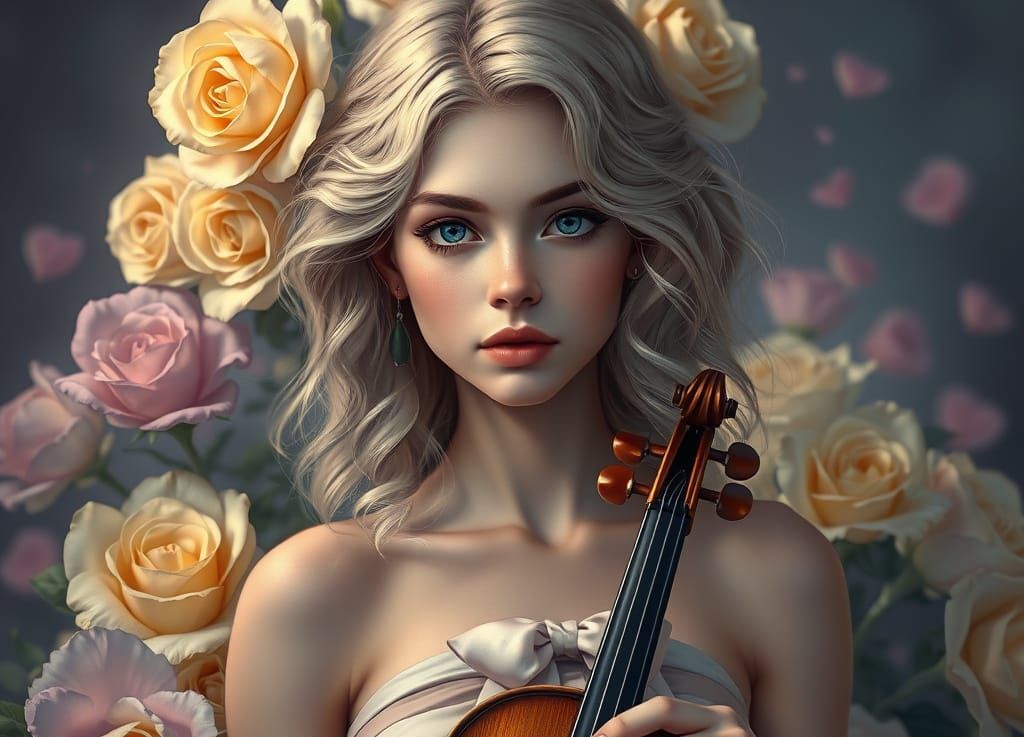A captivating digitally rendered painting of a young, dreamy woman holding a violin, exuding a romantic and classical ch...