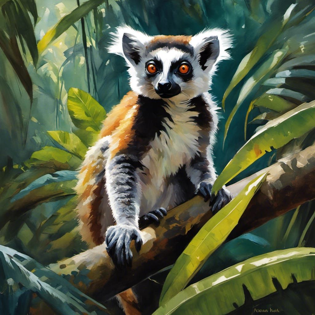 Lemur in Jungle, Gouache and Watercolor Painting