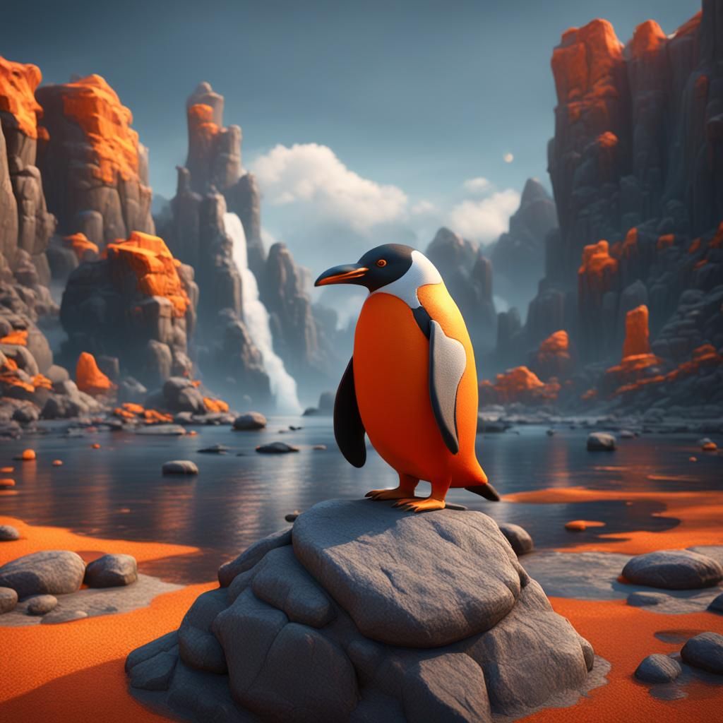 Orange Penguin and Stone: Detailed Fantasy Art