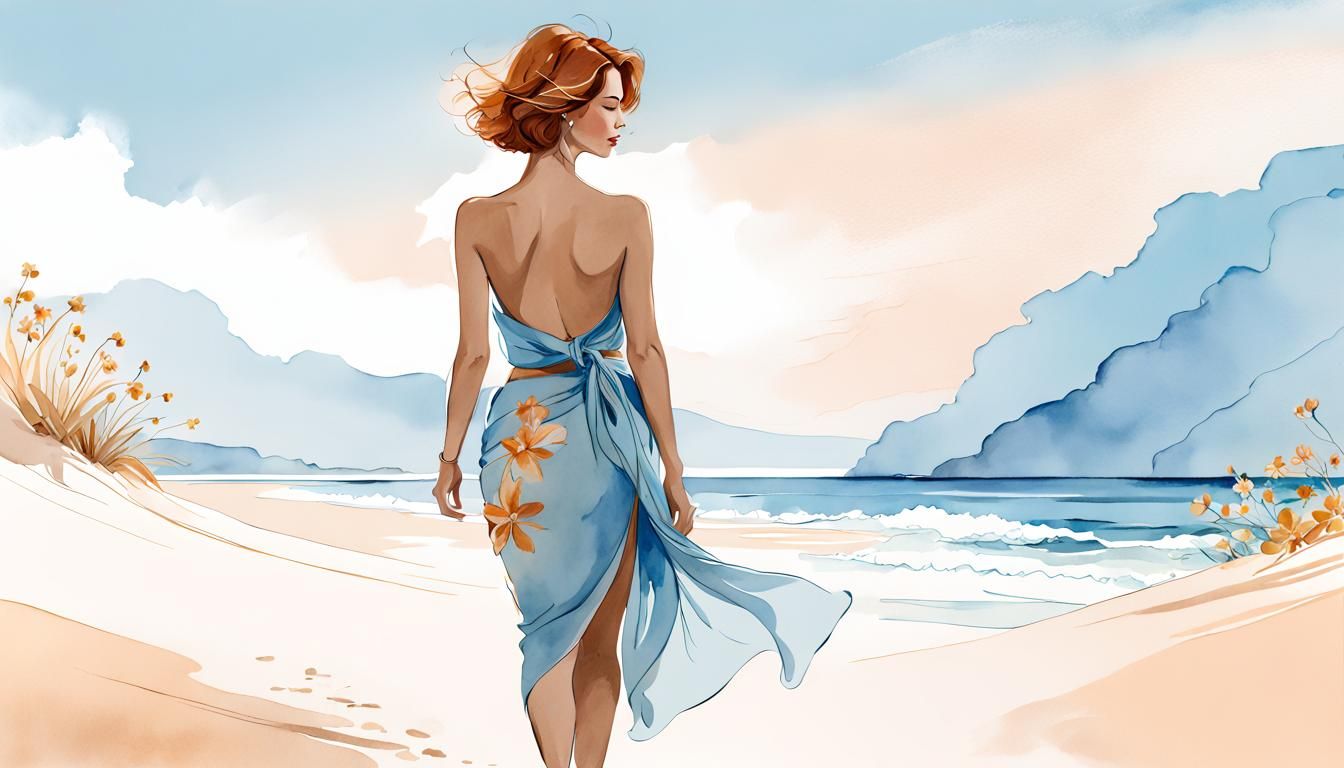 Ginger Woman on Beach: Minimalist Fashion Sketch