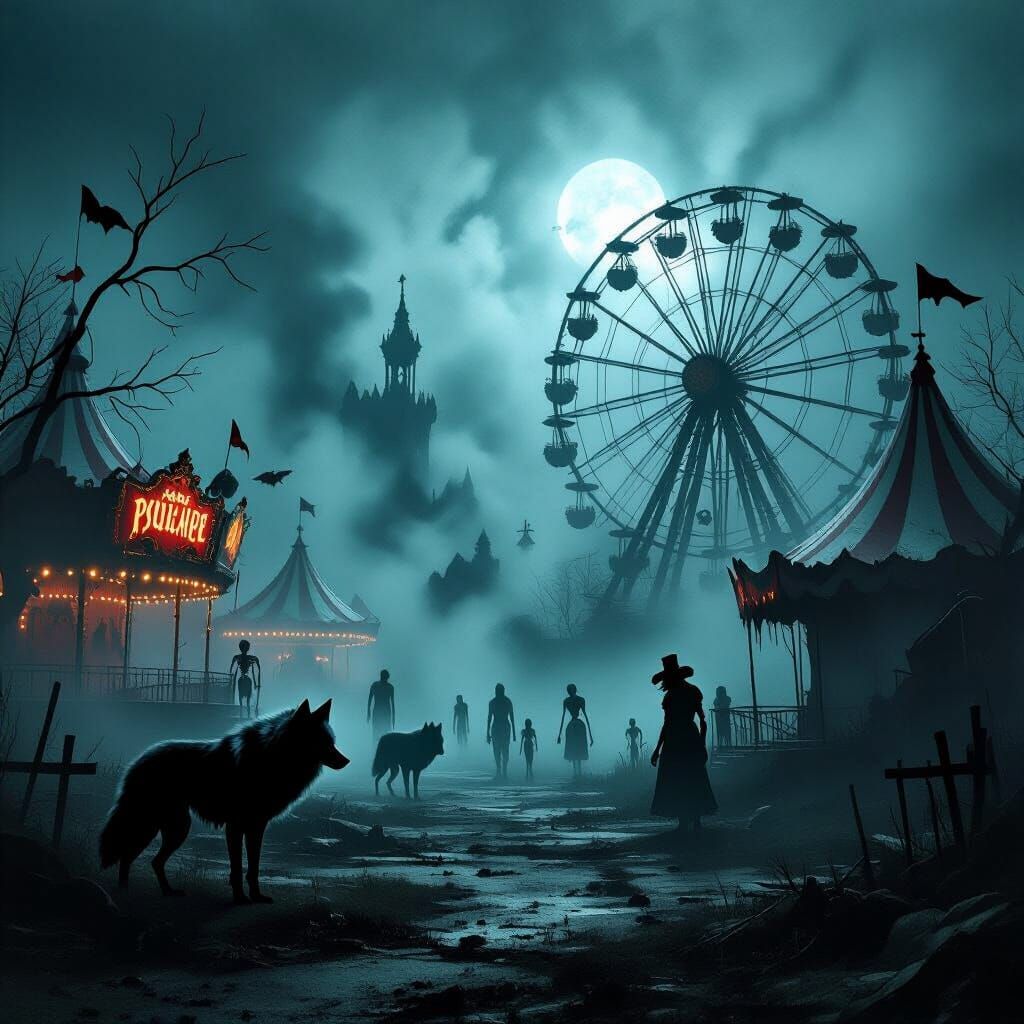 Eerie Abandoned Carnival at Night in Gothic Style
