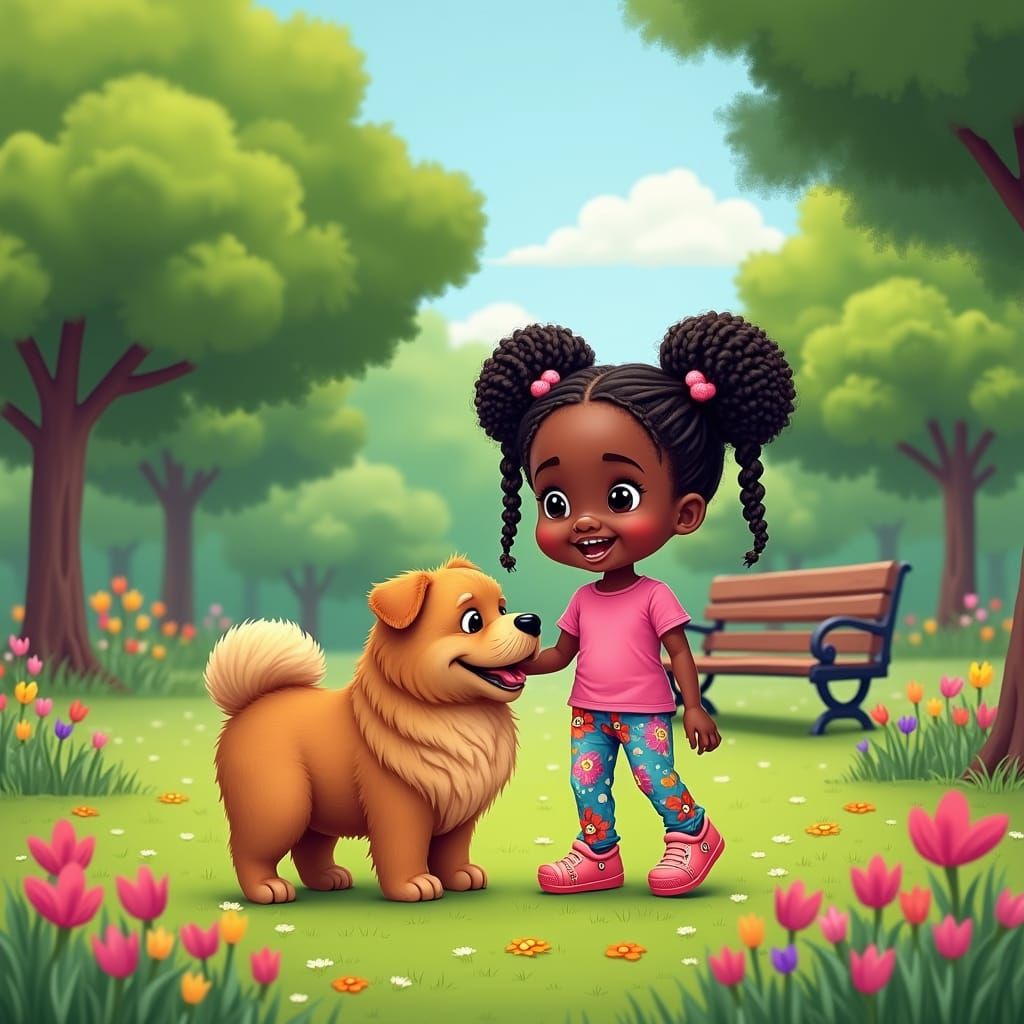 Girl with Braids Playing with Dog, Painterly Style