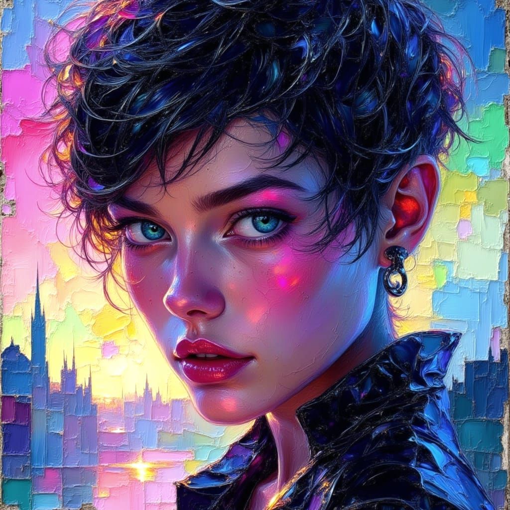 Neon Cityscape Model as Impasto Oil Painting