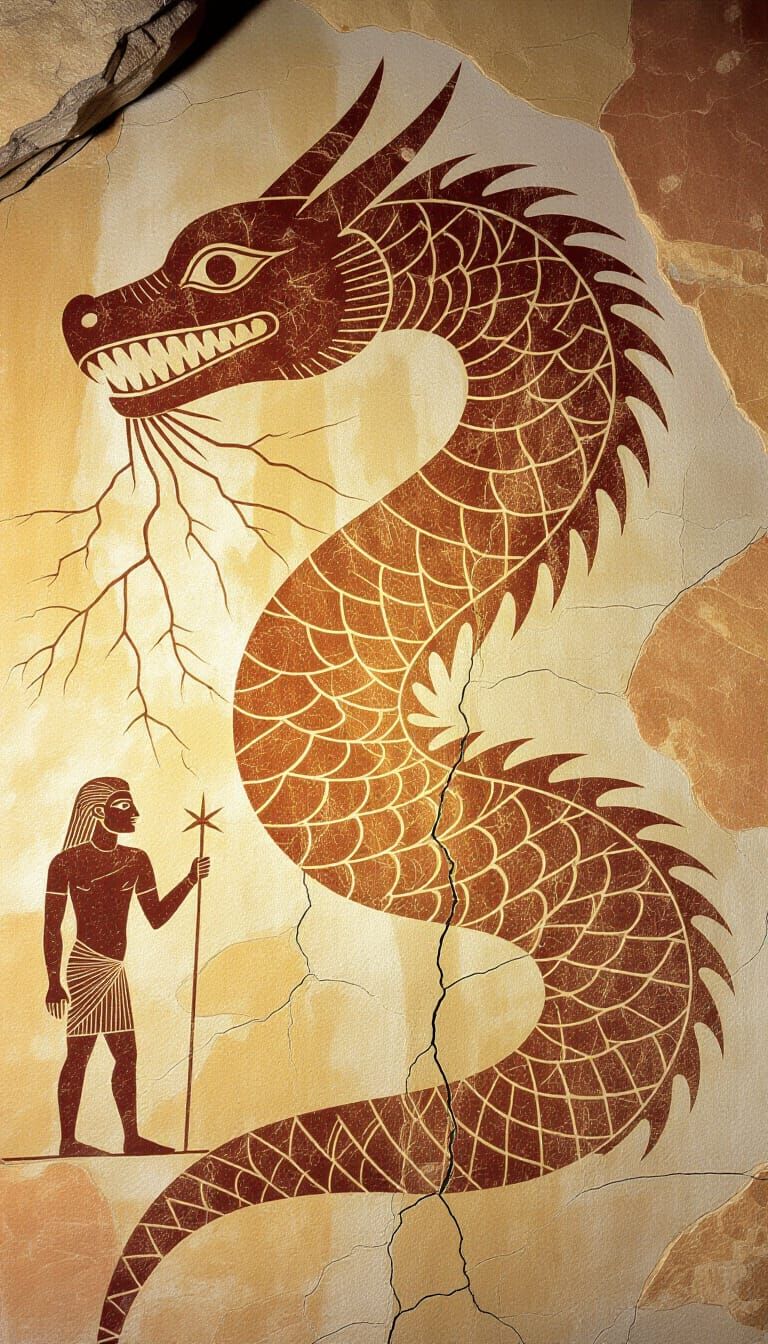 Ancient Dragon Fossil Carving with Human Figure in Cave Art ...