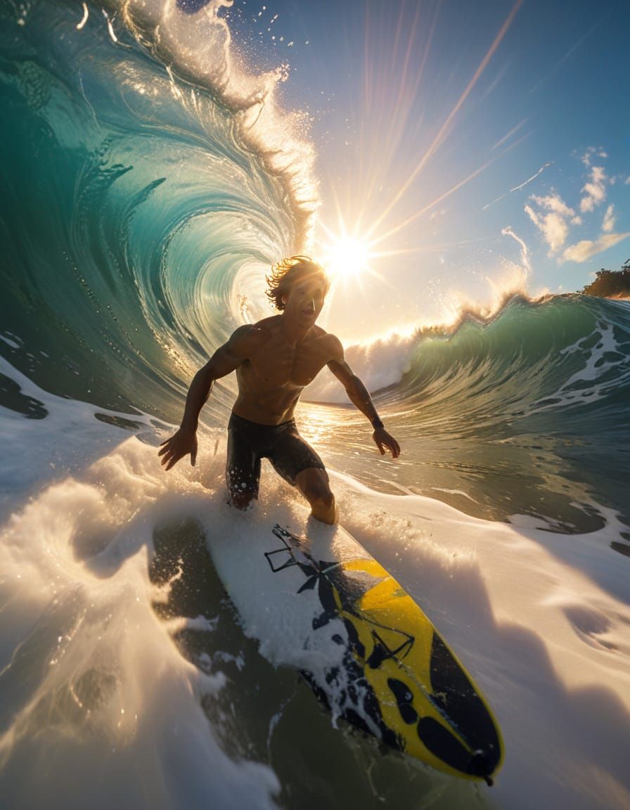 Ethereal Surfing Scene in Vibrant Rococo Style