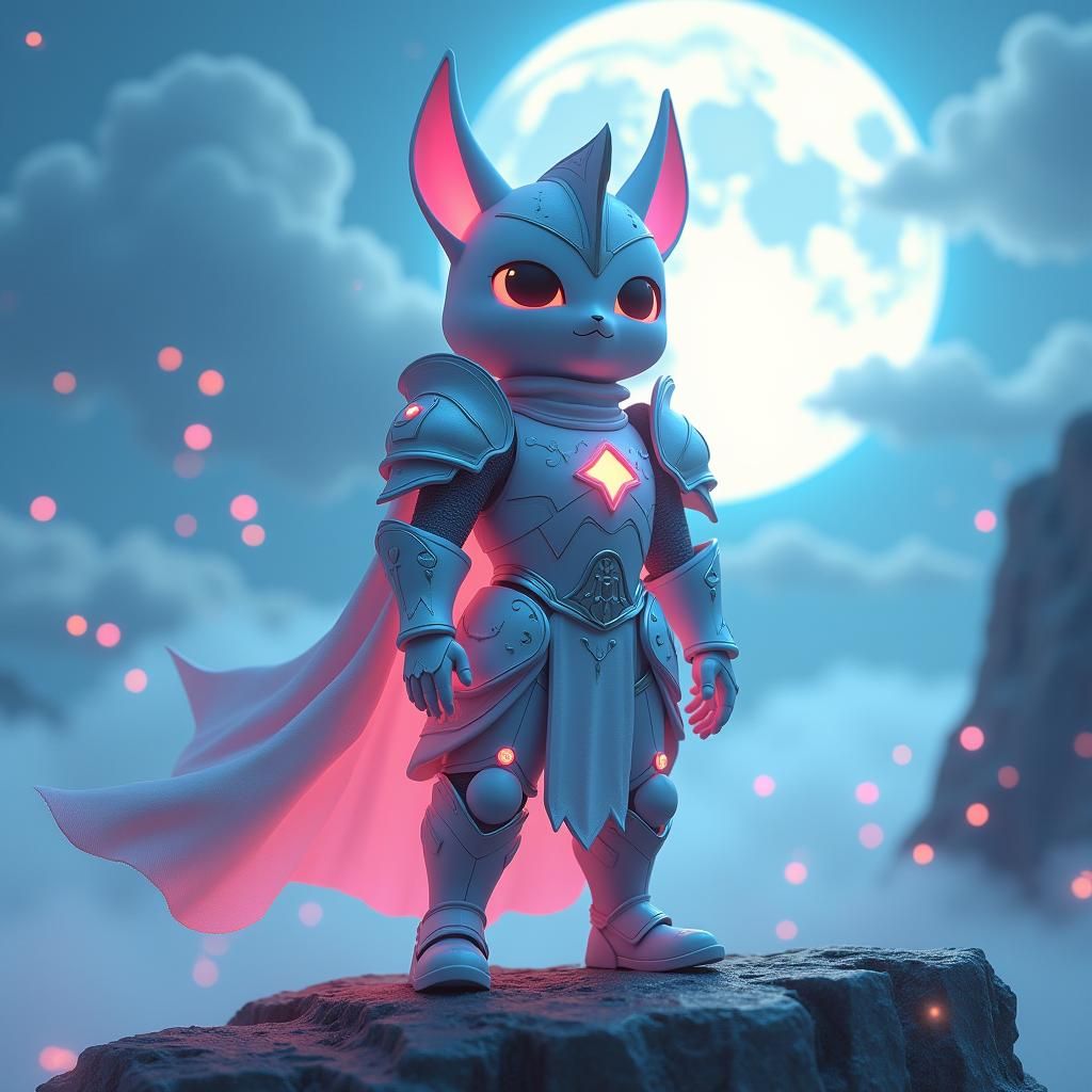 Chibi Anime Knight on Misty Moonlit Cliff