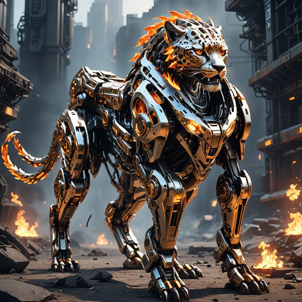 Futuristic Flame Cheetah with Intricate Mech Details