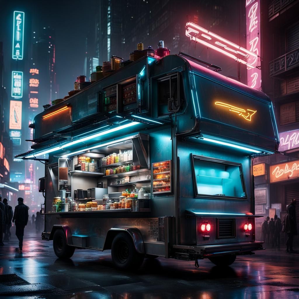 Cyberpunk Food Truck in Neon Cityscape