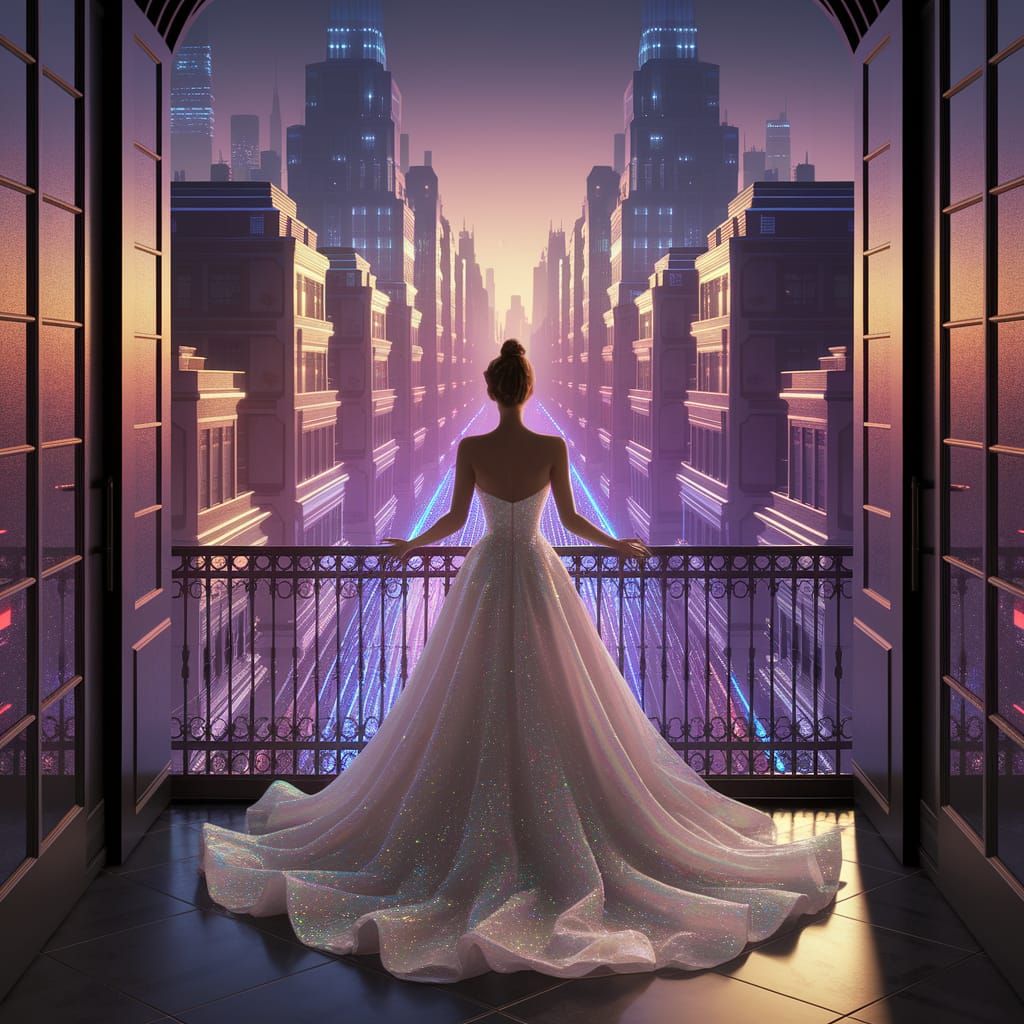 Woman in Iridescent Gown on Balcony, Futuristic City at Dusk