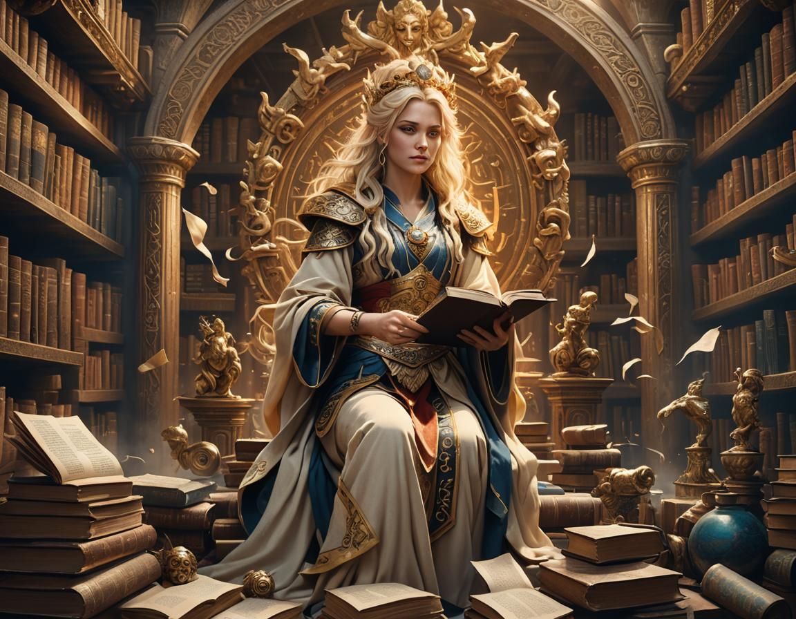 Goddess of Wisdom with Scroll in Detailed Fantasy Art