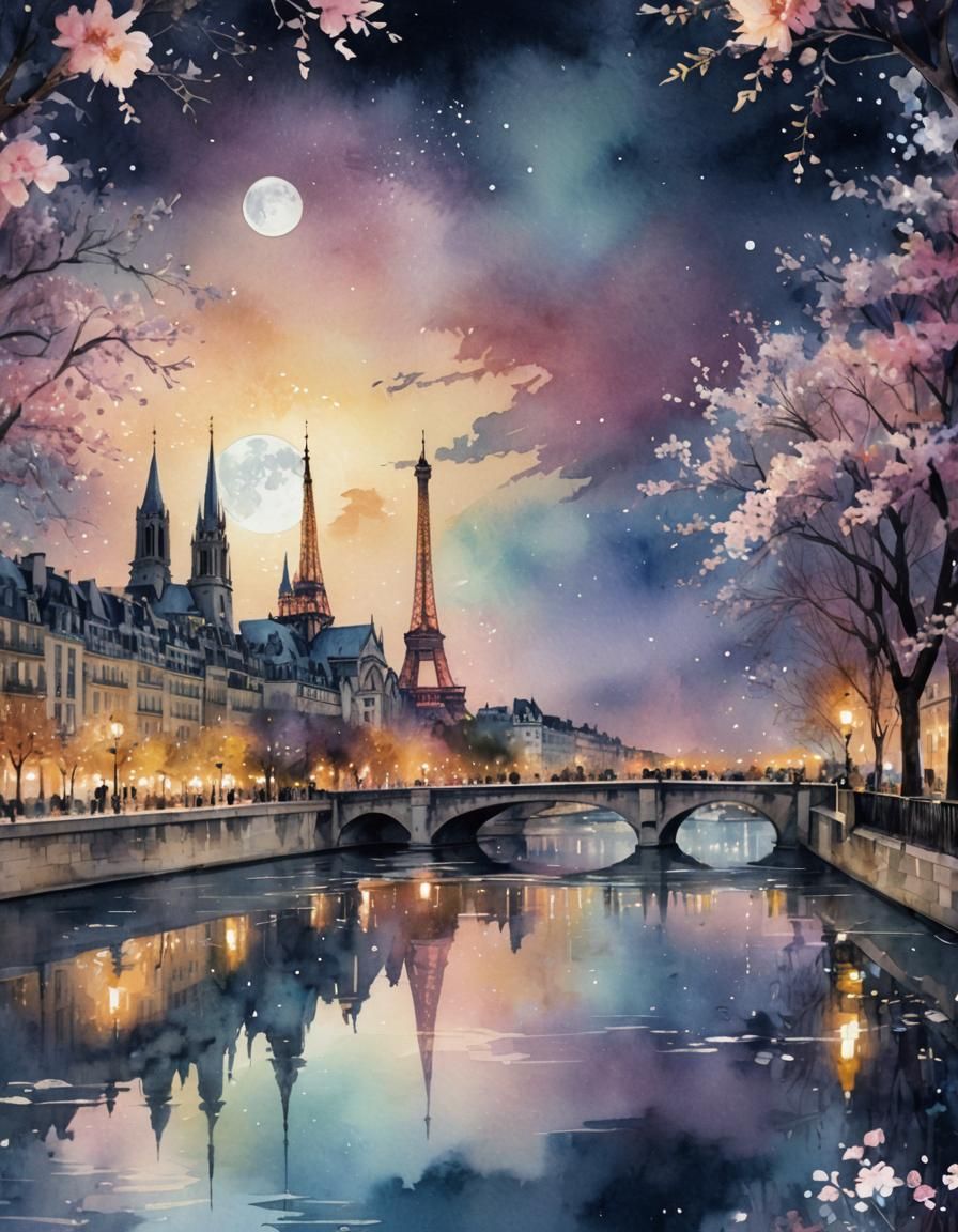 Paris Skyline at Night in Watercolor Style