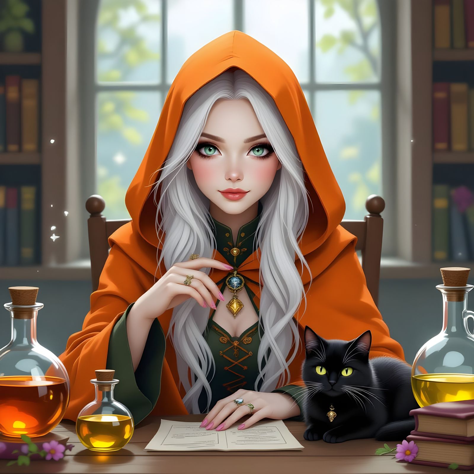 Albino Female Mage with Cat Illustration