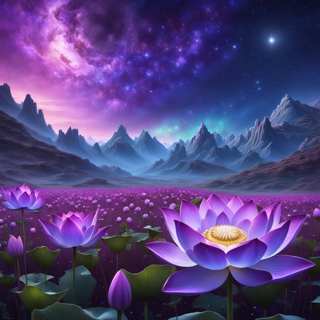 Fantasy Crystal Lotus Flower Under Starry Sky