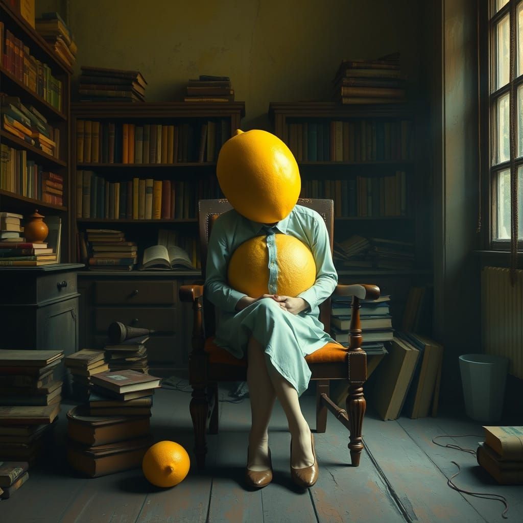 Melancholic Figure with Lemon Body in Whimsical Dreamlike St...