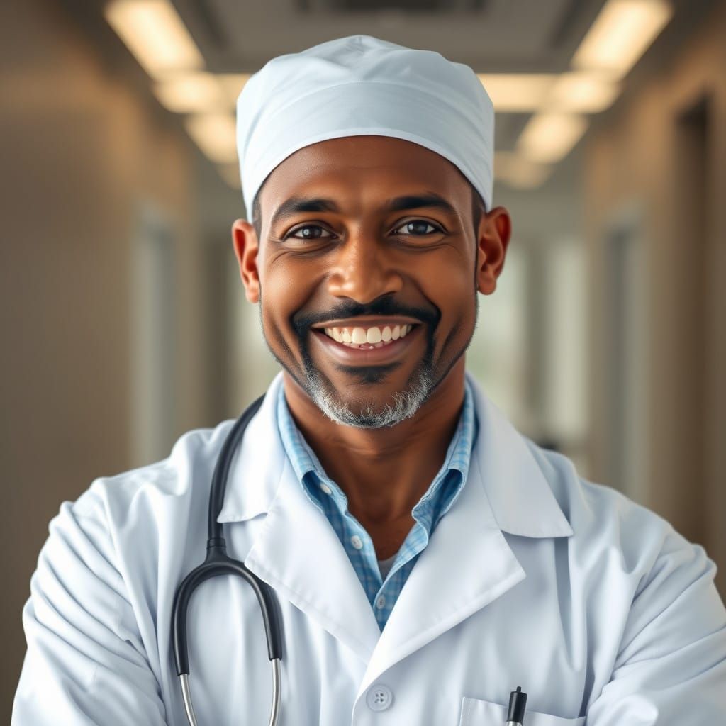 A Handsome Doctor in a White Coat Smiles with Confidence