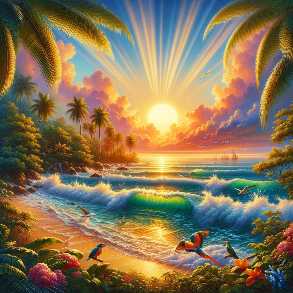 Tropical Sunset Beach with Birds and Rays
