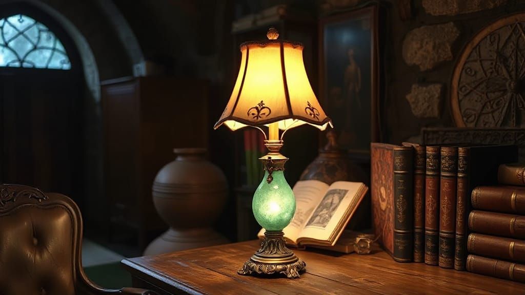 Ornate Variscite Lamp in Alphonse Mucha Style Study