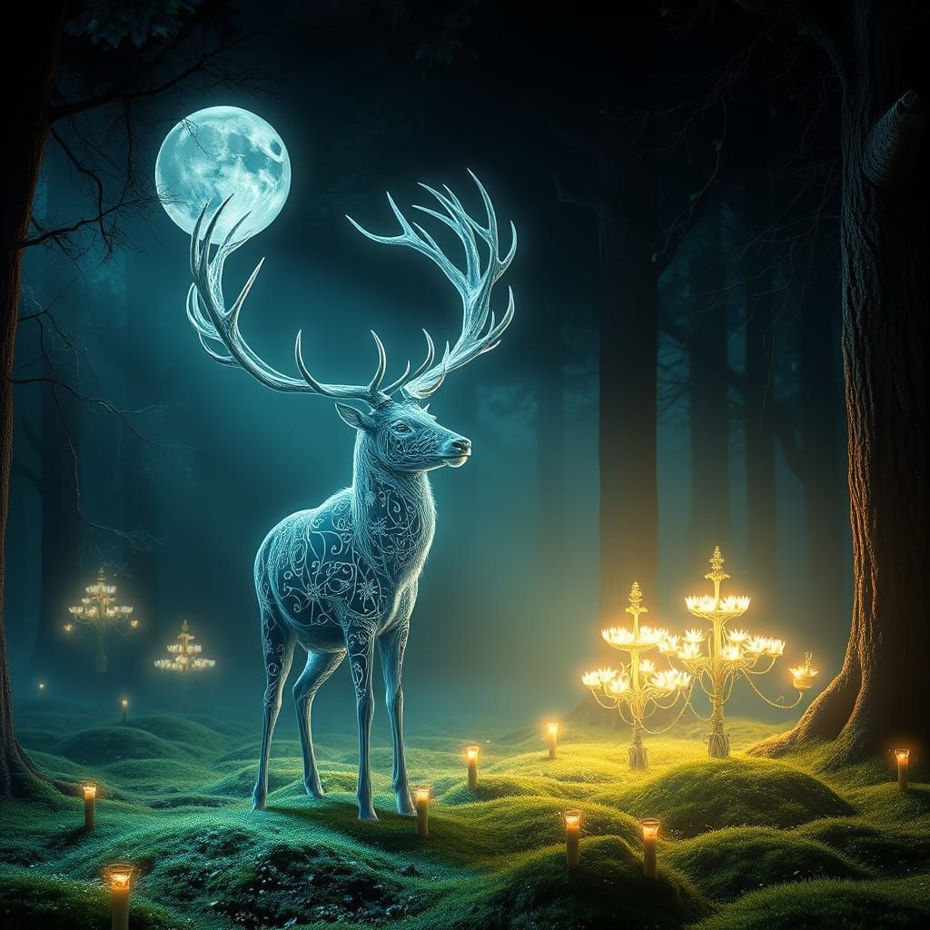 Majestic Stag of Moonlight in Ethereal Forest