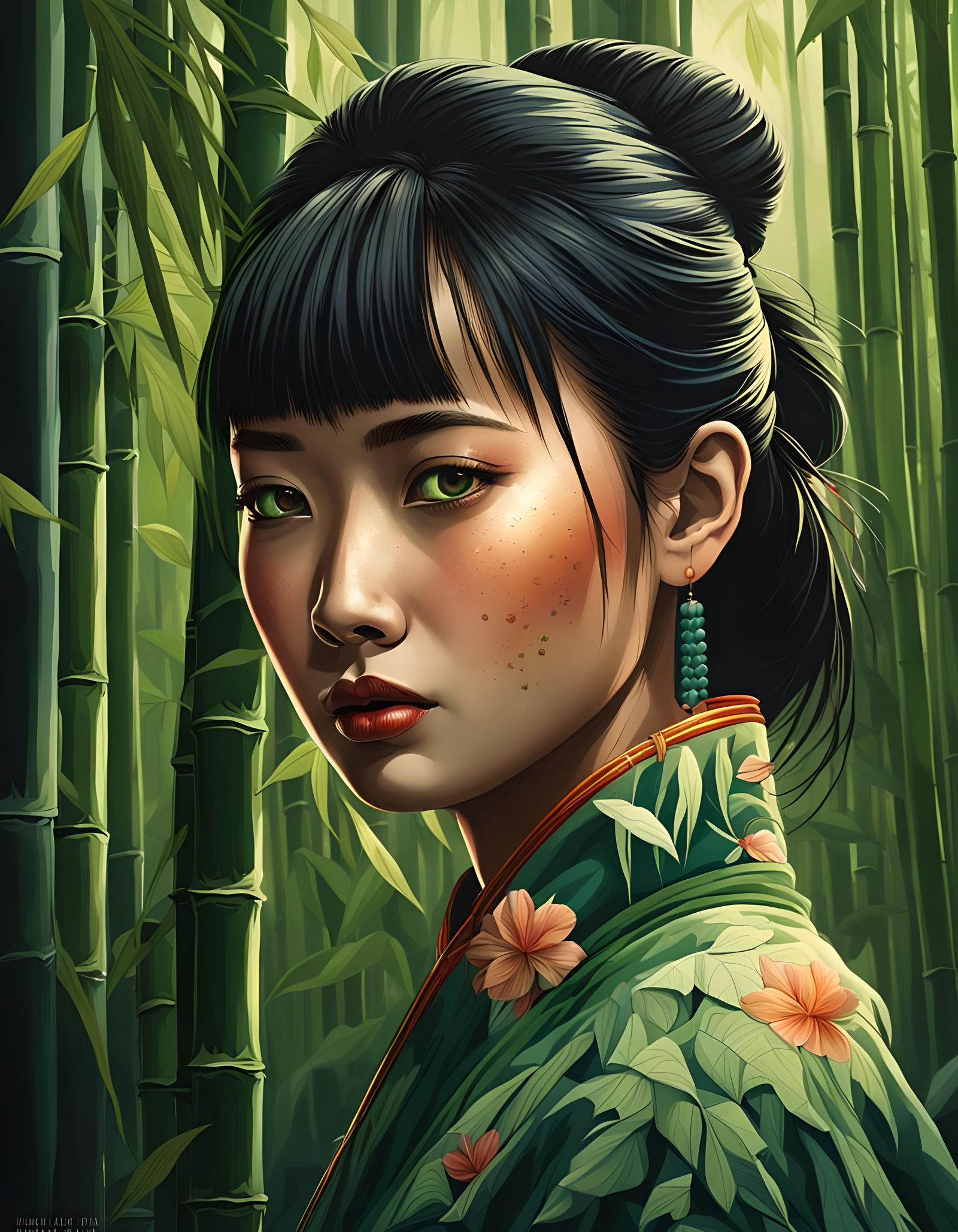 Chinese Girl Portrait in Bamboo Grove, Hyperrealistic Style