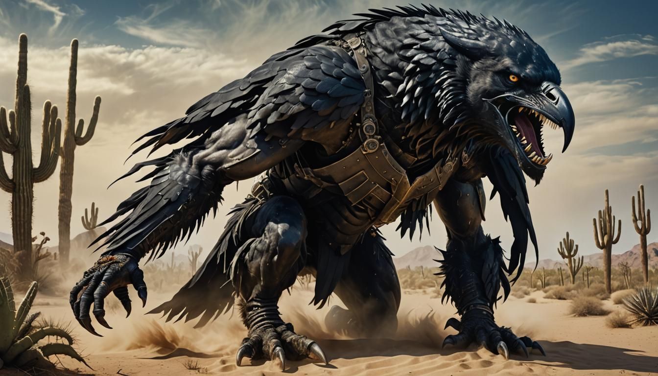 Photorealistic Crow-Wolf Warrior Emerges from Desert Storm