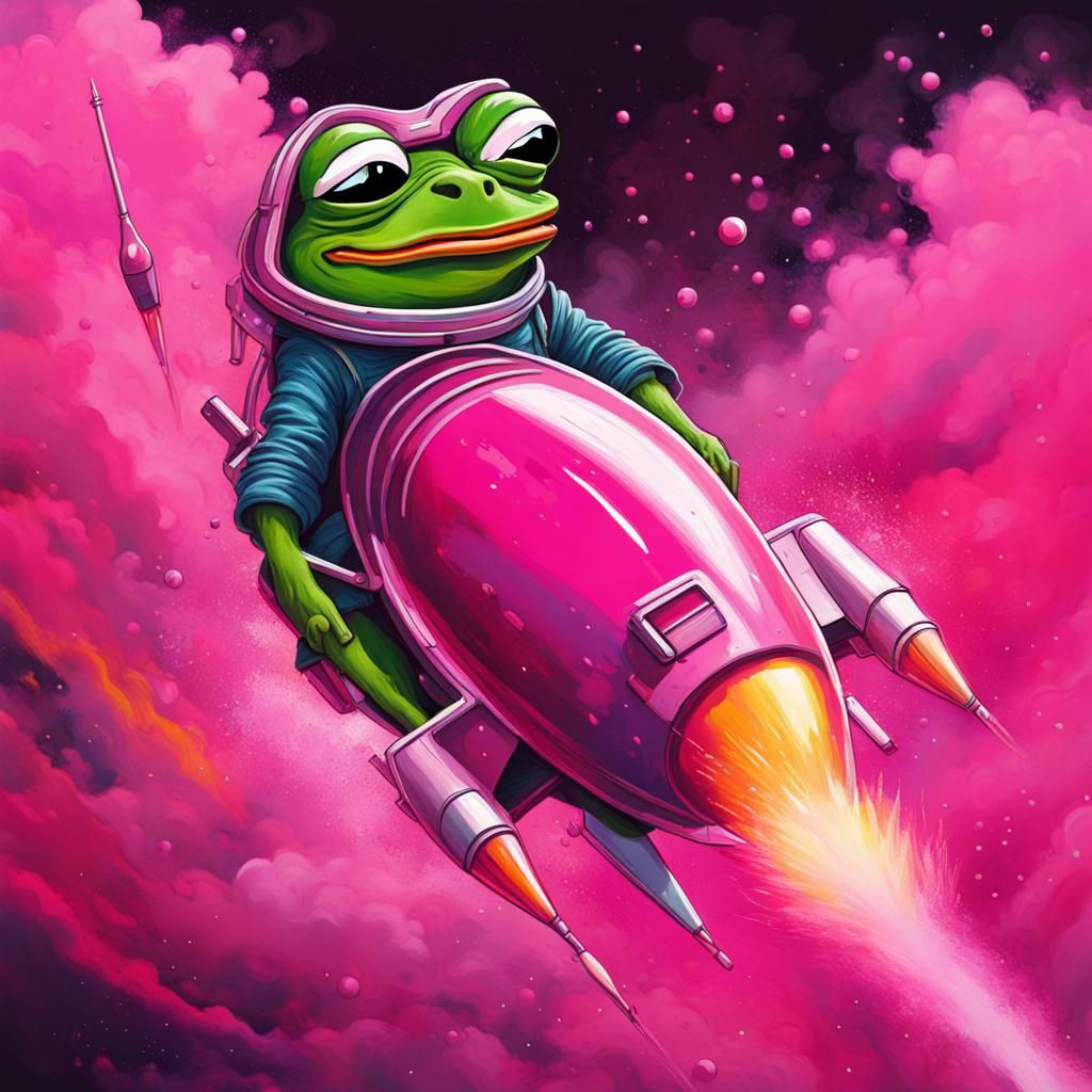 Pepe the Frog Rides a Rocket in Graffiti Art