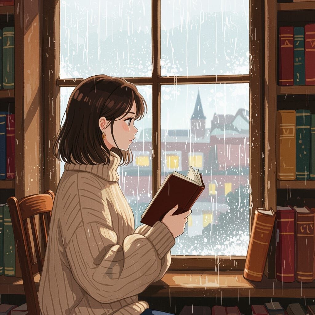 Rainy Day Reader in Anime Style