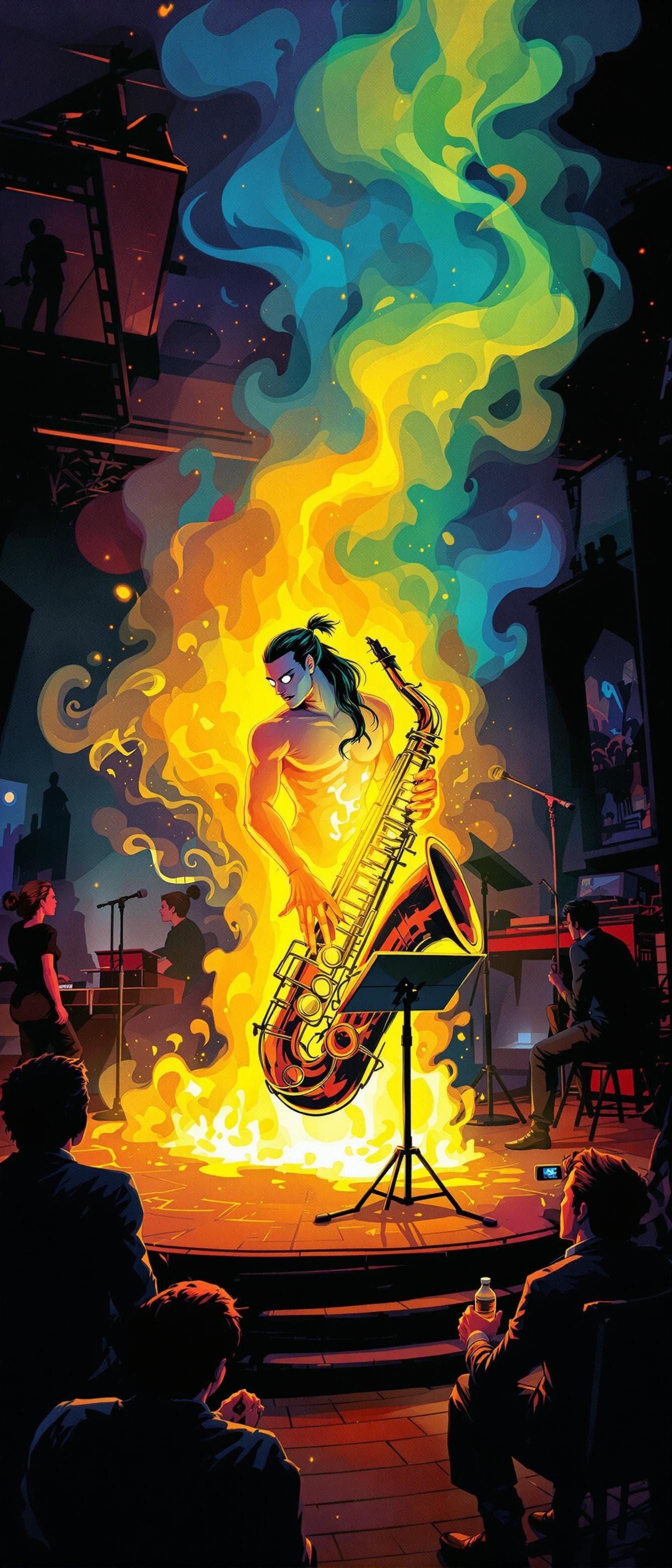 Djinn Emerges from Saxophone in Jazz Club