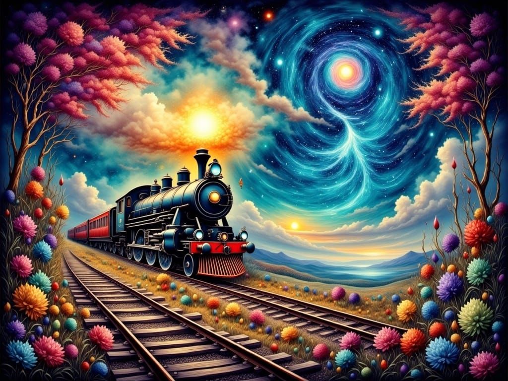 Vibrant Watercolor Train Rides Through Dreamlike Realm