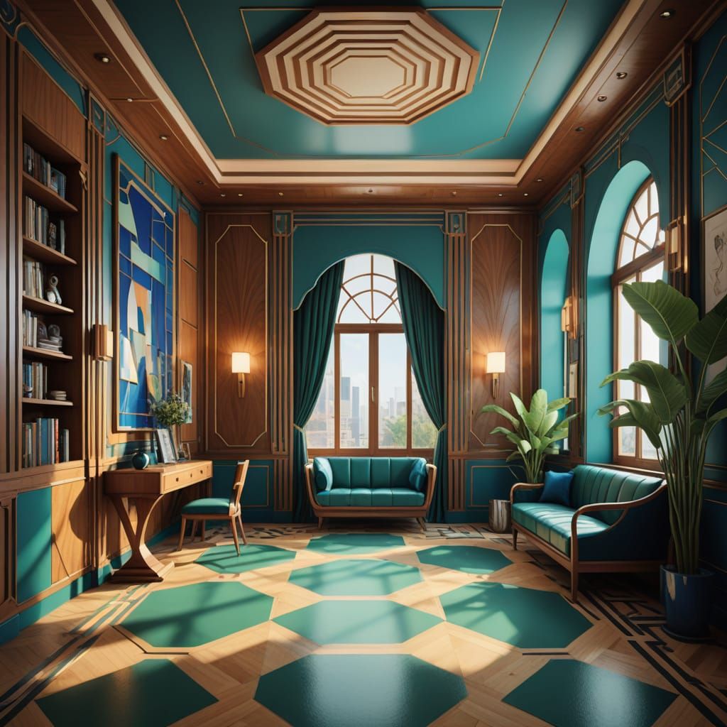 Neo-Cubism Masterpiece: Airy Room with Geometric Art Deco Fo...