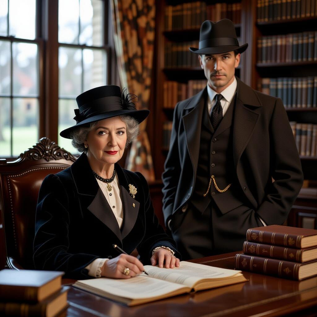 Agatha Christie and Sherlock Holmes in Library Setting