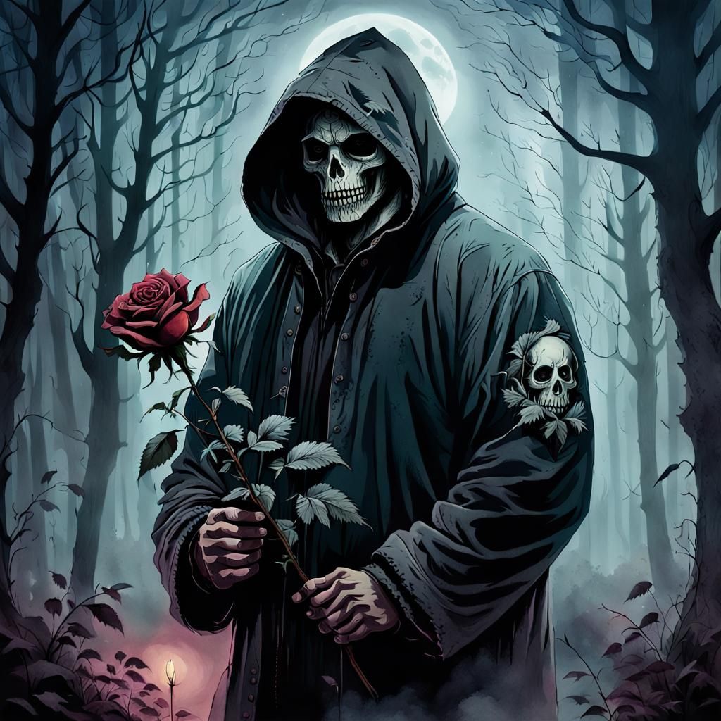 Macabre Rose in Moonlit Forest: Watercolor Painting