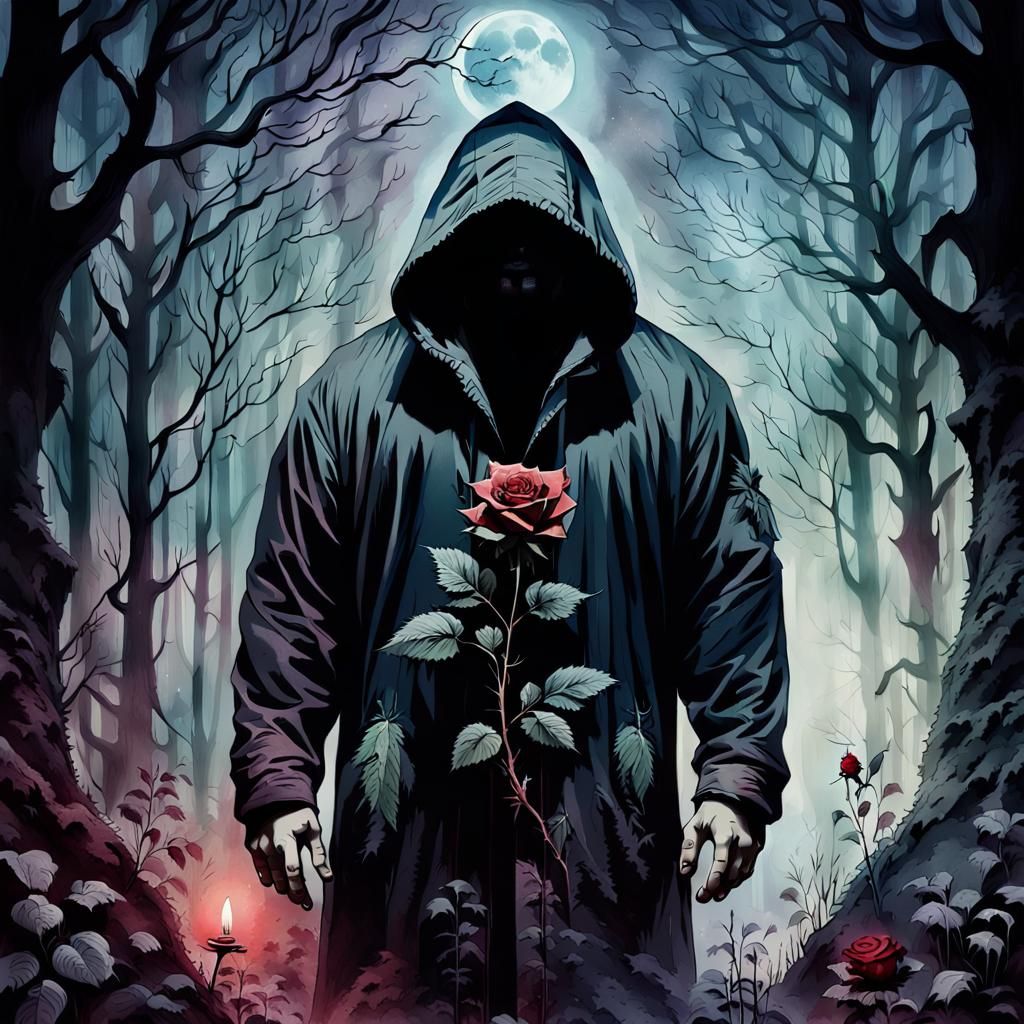 Ominous Macabre Rose in Moonlit Forest Watercolor