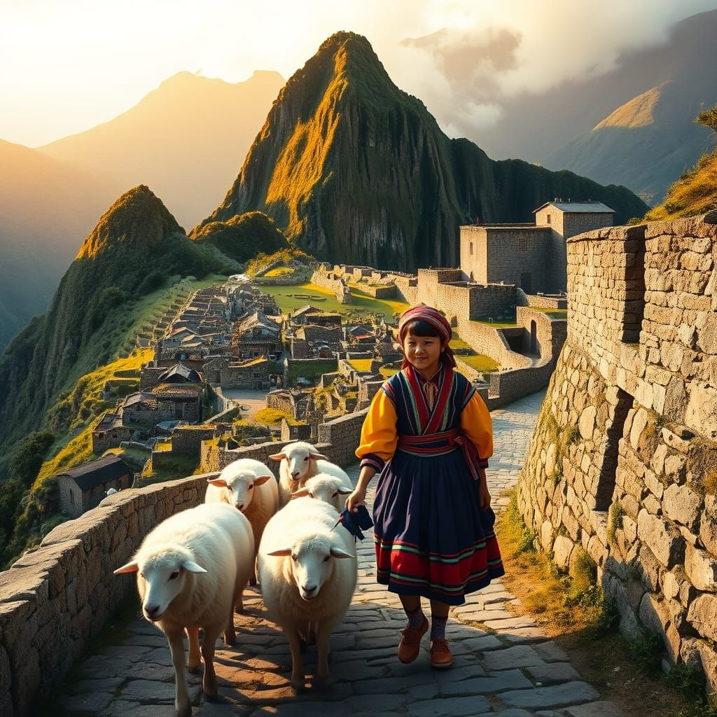 Surreal Machu Picchu with Girl and Sheep in Golden Hour