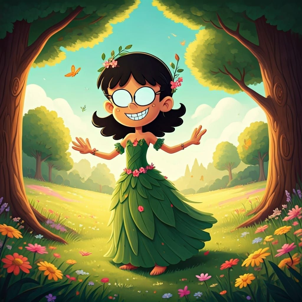 imagine Stella Zhau from The Loud House as a nature spirit, dancing in a sunlit meadow, surrounded by wildflowers and bu...