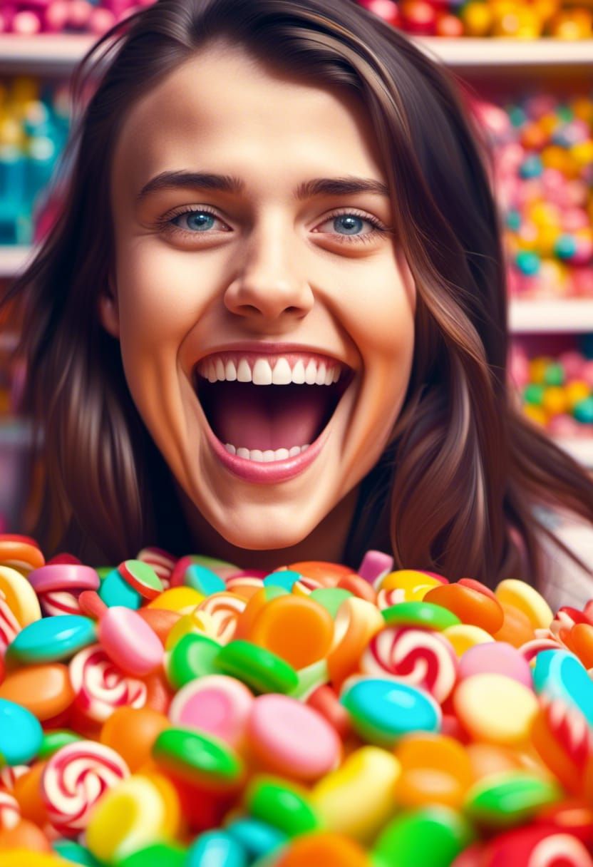 Joyful Brunette in a Candy Shop, Ultra Detail