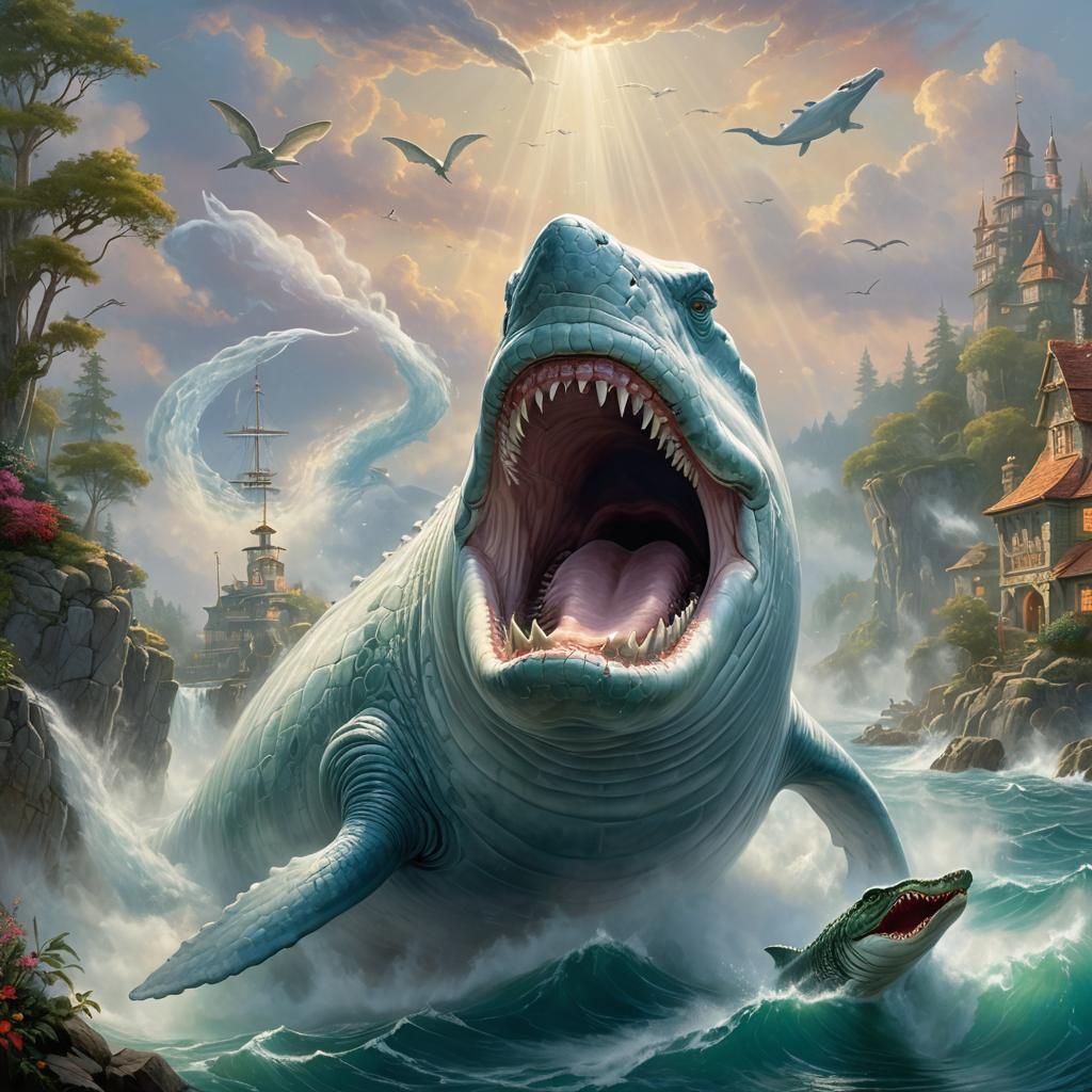 Surreal White Whale Crocodile Hybrid in Ethereal Style